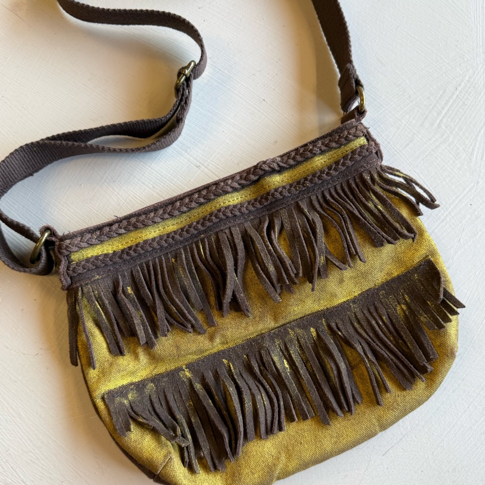 American Eagle Boho Western Brown Fringe Crossbody Bag with Gold Paint underlay